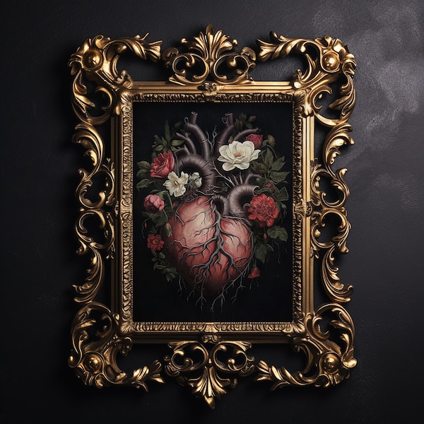 Human heart with flowers print, macabre Valentine vintage poster, dark academia printable, creepy romance decor, anatomy gothic oil painting