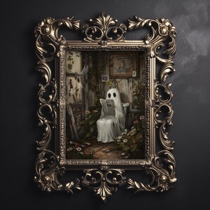 Ghost reading newspaper on toilet print, dark academia, whimsical ghost bathroom portrait halloween printable vintage poster gothic painting