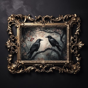 Crows in a tree a dark forest wall print, forestcore dark academia, cottagecore printable, raven bookish wall art, gothic oil painting