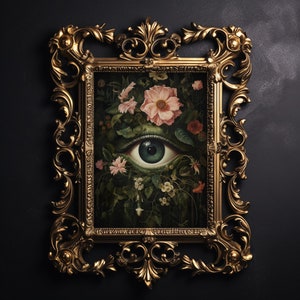 Auge in launigem dunklen Blumendruck, botanische Pupille gothic druckbare, wilde Blumen dunkle Academia, Cottagecore Wandkunst, Vintage Plakat mit grünem Auge
