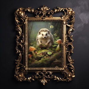 Erizo en estampado de pared de bosque, pintura botánica, estampado de erizo de bosque, decoración de bosque de animales, setas cottagecore imprimibles