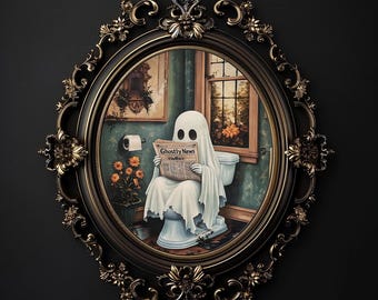 Ghost reading newspaper on toilet print, dark academia, whimsical ghost bathroom portrait halloween printable vintage poster gothic painting