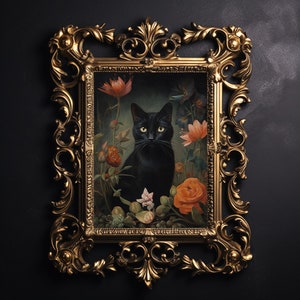 花の黒猫のプリント、花の恋人の猫のポスター、ヴィンテージのダークアカデミアの印刷物、ダークコテージコアの装飾、ゴシック油絵