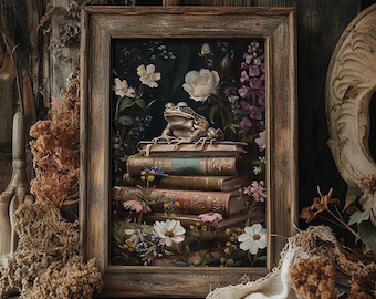 Vintage Frog Bookstore Print, Dark Academia Cottagecore Decor (Digital Download)