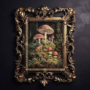 Woodland fly agaric mushrooms, mushrooms in deep forest, moody moss wall print, floral dark academia printable, сottagecore fall decor