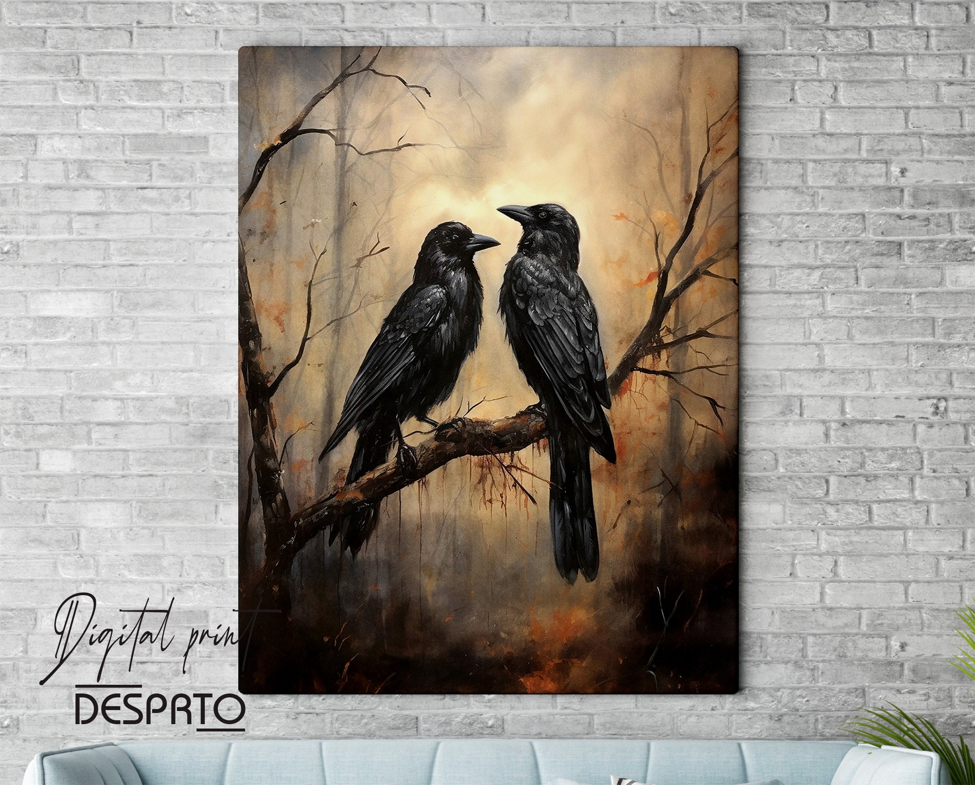 Gothic Crow Art Print, Dark Forest, Raven Oil Painting (digital ...