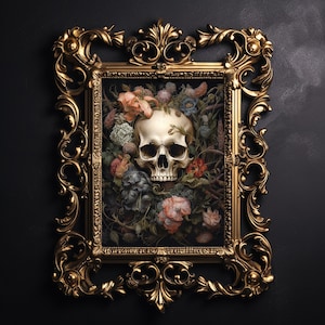 Flowers skull portrait print, floral dark academia, halloween printable, spooky decor, vintage poster, gothic oil painting, skeleton