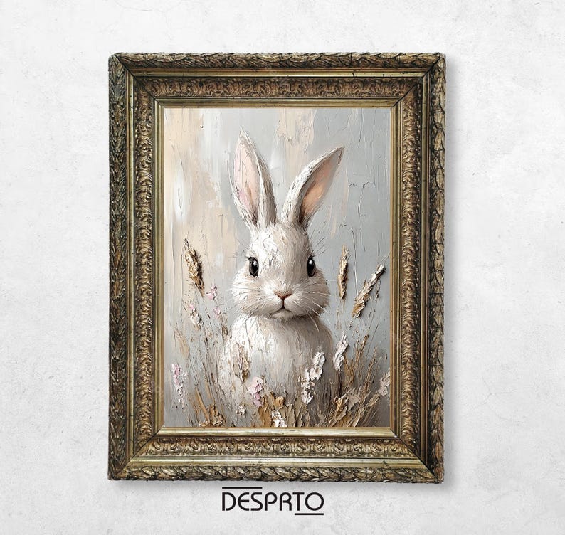 May include: A framed painting of a white rabbit with long ears, sitting in a field of tall grass and flowers. The rabbit has a soft, fluffy coat and is looking directly at the viewer. The painting is done in a realistic style with a textured brushstroke.