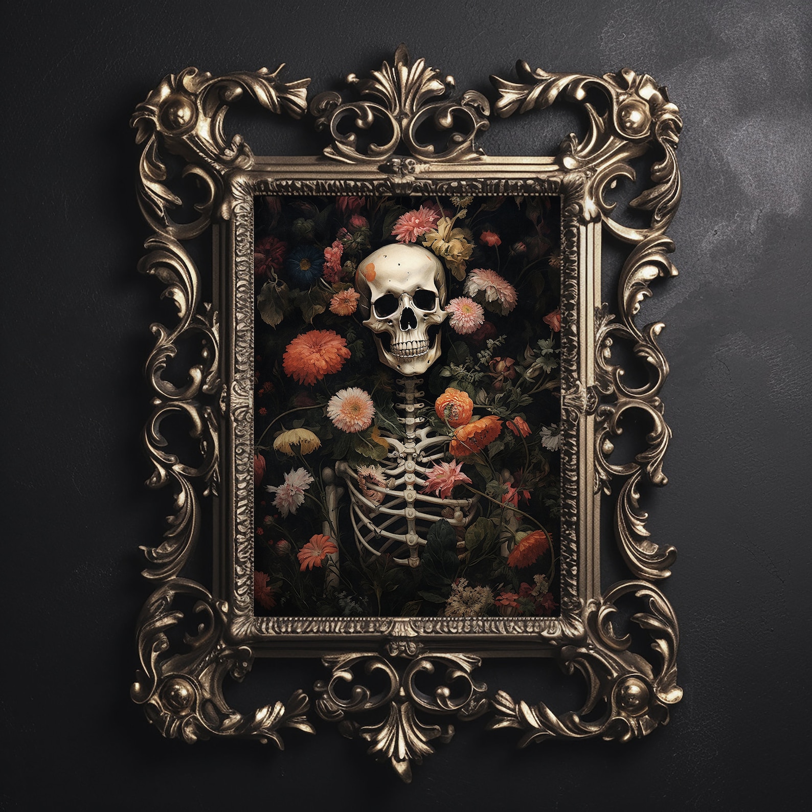 Squeleton Portrait Floral Skeleton Portrait Print, Gothic Halloween Decor (digital ...