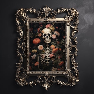 Floral skeleton portrait print, dark academia, halloween printable, spooky decor, vintage poster, gothic oil painting, flower skull