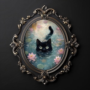 スイレンの黒猫のプリント、水中の猫のダークアカデミアのプリント、花柄のコテージコアの装飾、花柄の猫のビンテージポスター、ゴシック油絵