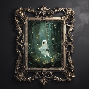 Cute ghost on swing in green forest print, dark academia, ghost gothic spooky decor, horror vintage creepy goth wall art painting