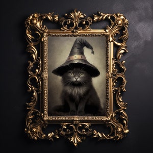 Black kitten in a witch&#39;s hat print, halloween cat vintage poster, horror dark academia printable, dark сottagecore decor, gothic painting