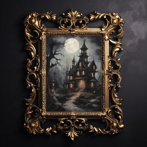 Dracula's castle on a moonlit night, Halloween print, horror dark academia decor, vintage poster, gothic painting