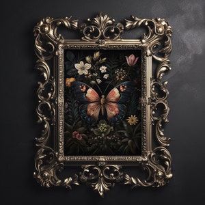Mariposa roja azul en un jardín de flores oscuro, estampado de polilla de mal humor, imprimible botánico, academia oscura floral, arte de pared cottagecore, cartel vintage