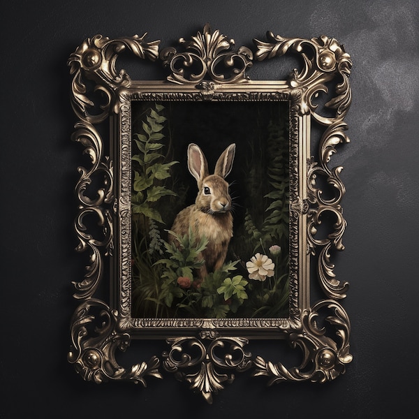 Rabbit in green moody forest wall print, dark academia painting, woodland hare  print, animal forestcore decor, bunny cottagecore printable