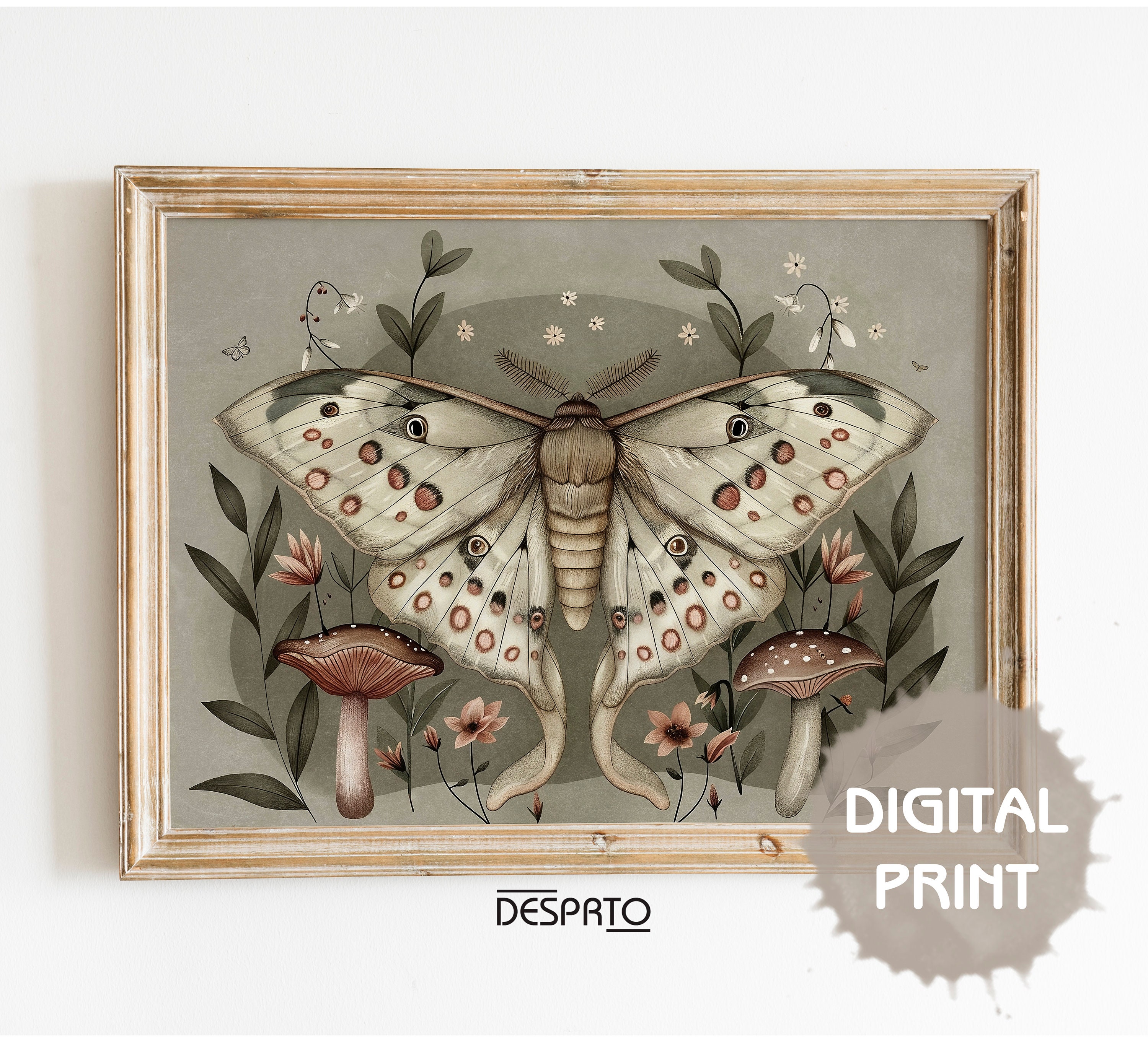 Boho Sage Green Vintage Butterfly Print, Moody Moth Wall Decor ...