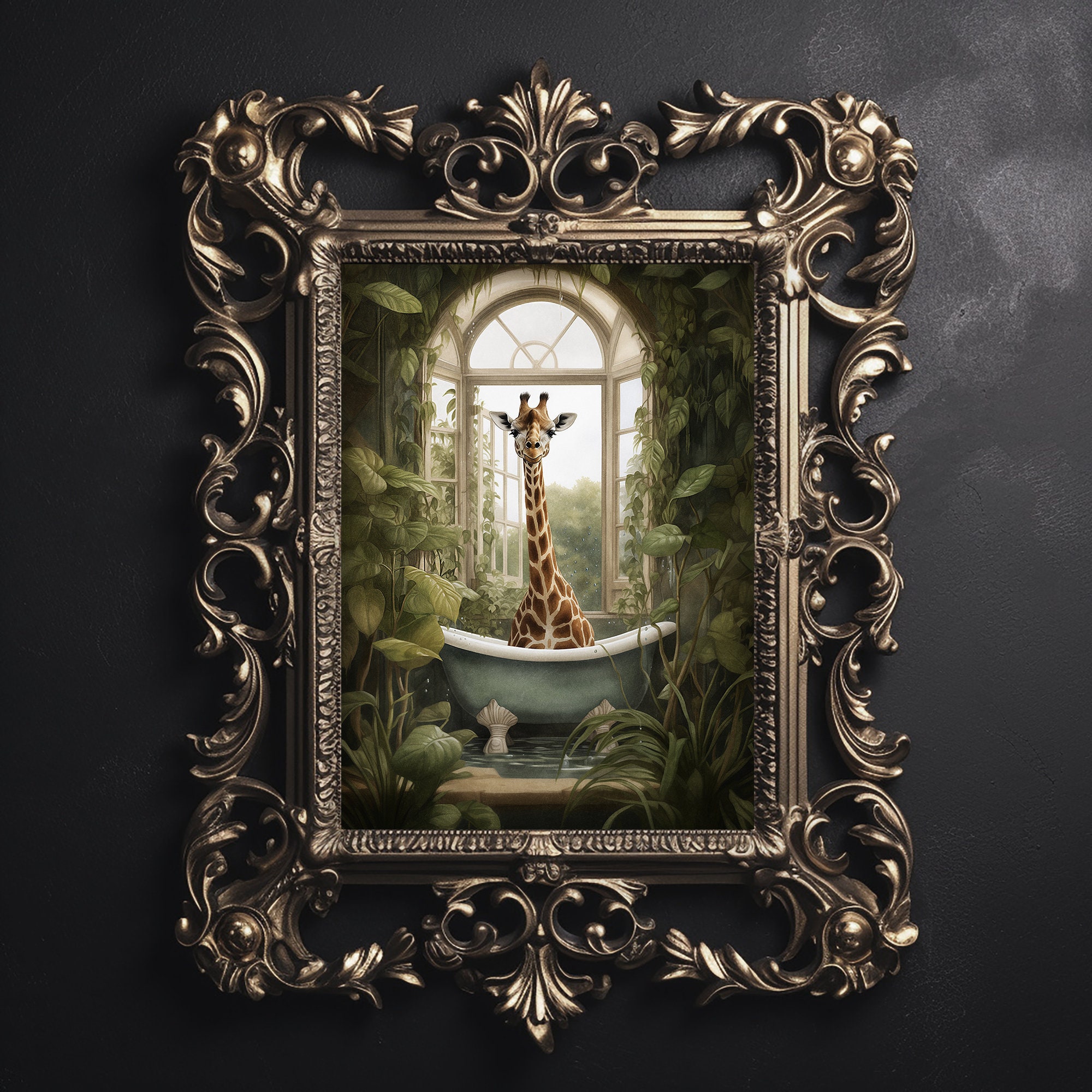 Giraffe in tub flower bathroom print, giraffe in botanical bath bathtub vintage poster, safari animal dark academia printable, digital decor