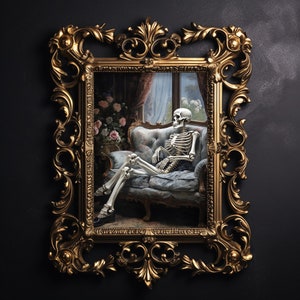 Skeleton sitting on sofa print, victorian floral skeleton portrait,  dark academia, skull spooky decor, vintage poster, gothic oil painting