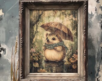 熱帯雨林のハリネズミの壁画、アンティーク絵画、森の動物のフォレスト