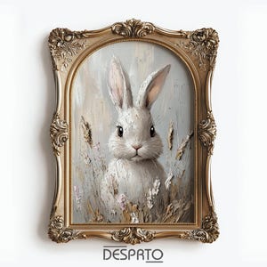 May include: A white rabbit with long ears sits in a field of tall grass and wildflowers. The rabbit is painted in a realistic style with a soft, fluffy texture. The background is a soft blue and beige, creating a calming and peaceful scene.