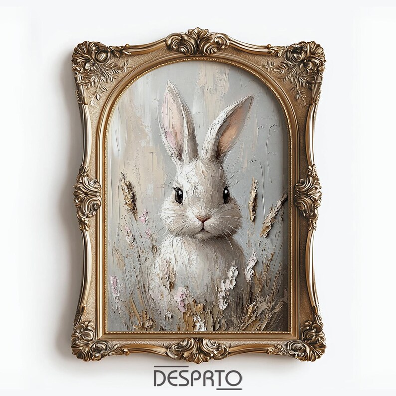 May include: A white rabbit with long ears sits in a field of tall grass and wildflowers. The rabbit is painted in a realistic style with a soft, fluffy texture. The background is a soft blue and beige, creating a calming and peaceful scene.