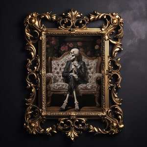 Skeleton sitting on sofa print, victorian floral skeleton portrait,  dark academia, skull spooky decor, vintage poster, gothic oil painting
