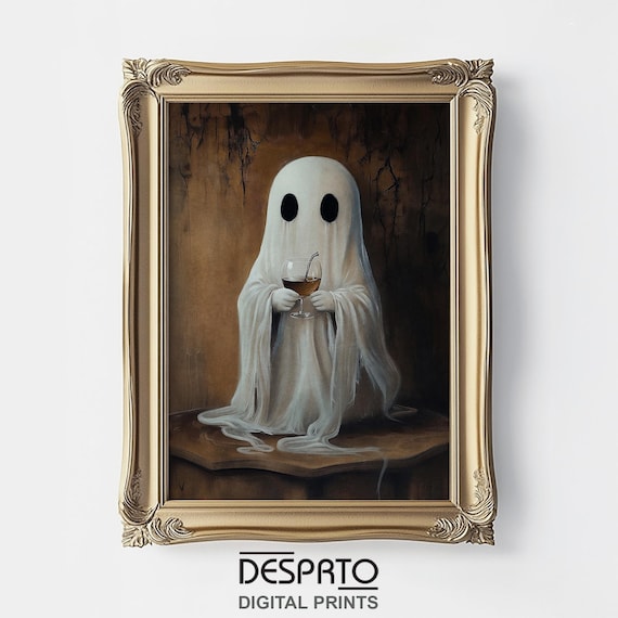 Ghost Drinking Wine Cocktail Print, Ghost Bar Whimsical Dark