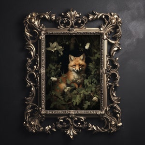 Fuchs im stimmungsvollen Walddruck, botanischer Druck, dunkle Academia, Blumenfuchsdruck, Waldkerndekor, floraler Cottagecore druckbar
