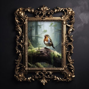 Rotkehlchen im Wald Wanddruck, rustikale Vogel Dekoration, Blumen bedruckbar, Bauernhaus сottagecore Dekor Wand Kunst Malerei, ästhetisches Plakat