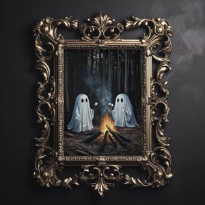 Two ghosts by campfire in woods with marshmallows print, ghost dark academia, cottagecore decor, Halloween vintage poster, gothic painting