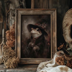 Witch frog portrait print, whimsical frog witch hat with herbs, gothic toad cottagecore halloween wall art, vintage spooky decor painting