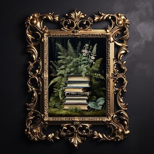 Blumen Farn Bücher Druck, Vintage Poster für Waldbuchladen, dunkle Academia druckbare, Blumen сottagecore Dekor, gothic Ölgemälde