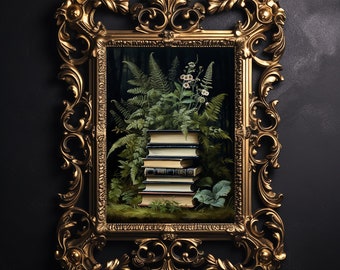Floral fern books print, forest bookstore vintage poster, dark academia printable, flower сottagecore decor,  gothic oil painting