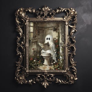 Ghost reading newspaper on toilet print, dark academia, whimsical ghost bathroom portrait halloween printable vintage poster gothic painting