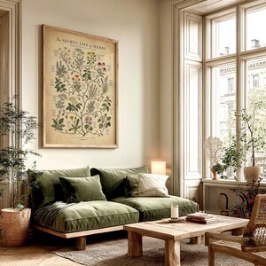 May include: A framed botanical wall art print titled The Secret Life of Herbs, featuring a detailed illustration of various herbs with scientific labels on a beige background, displayed in a wooden frame on a light-colored wall above a green sofa.
