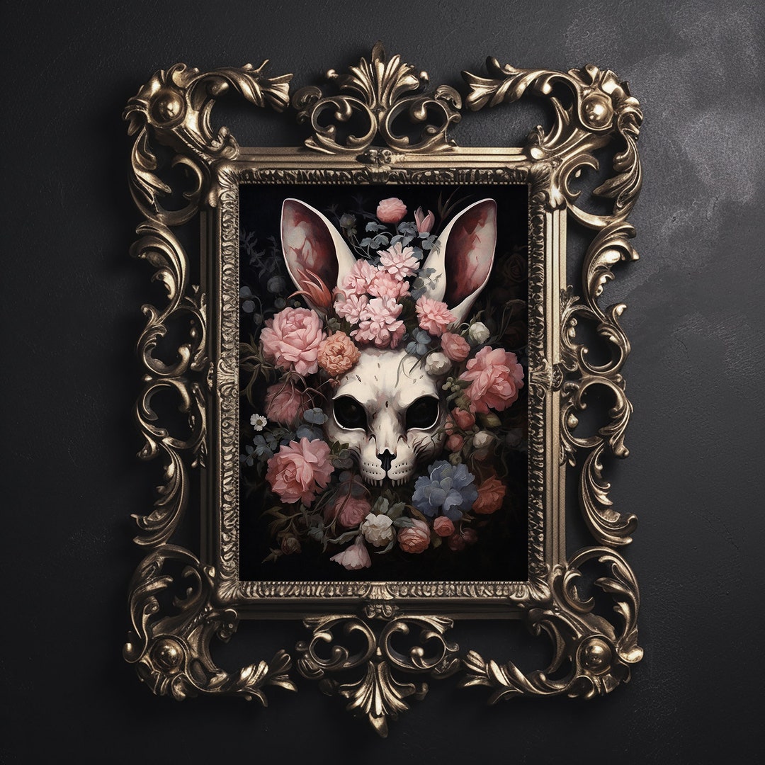 Skull Portrait Rabbit Bunny in Dark Flower Print, Hare Moody Wall Art ...
