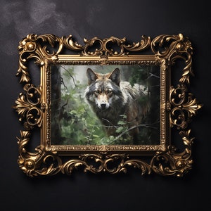 Wolf in forest wall print, botanical dark academia painting, woodland fox print, animal forestcore decor, floral cottagecore printable