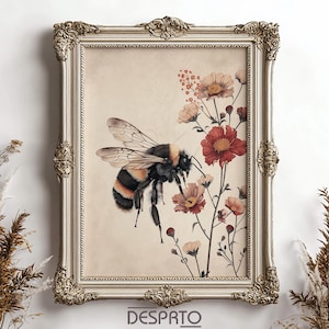 Boho bee in red flower print, moody bumblebee decor, botanical printable, floral bee dark academia, bee cottagecore wall art, vintage poster