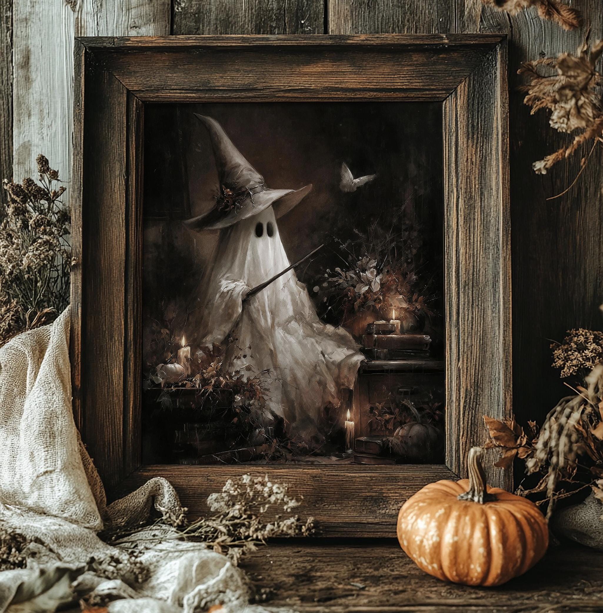 Magical Ghost With Wand Print, Whimsical Gothic Halloween Wall Art