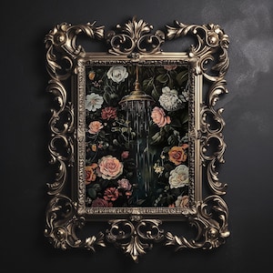 May include: A framed painting of a shower head with water cascading down, surrounded by lush, dark green foliage and vibrant pink, red, and white flowers.