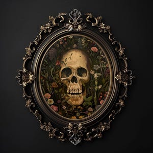 Flowers skull portrait print, floral dark academia, halloween printable, spooky decor, vintage poster, gothic oil painting, skeleton