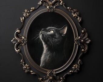 Moody Black Cat Print, Vintage Gothic Cottagecore Decor (Digital Download)
