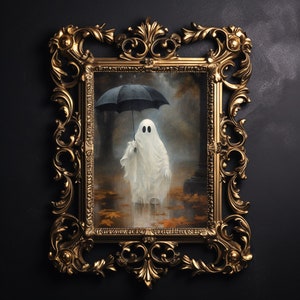 Geist mit Regenschirm im Regen, Geist im Herbst, Herbst Geschenk, Cottagecore gruselige Dekoration, Vintage Poster, Gothik Ölgemälde