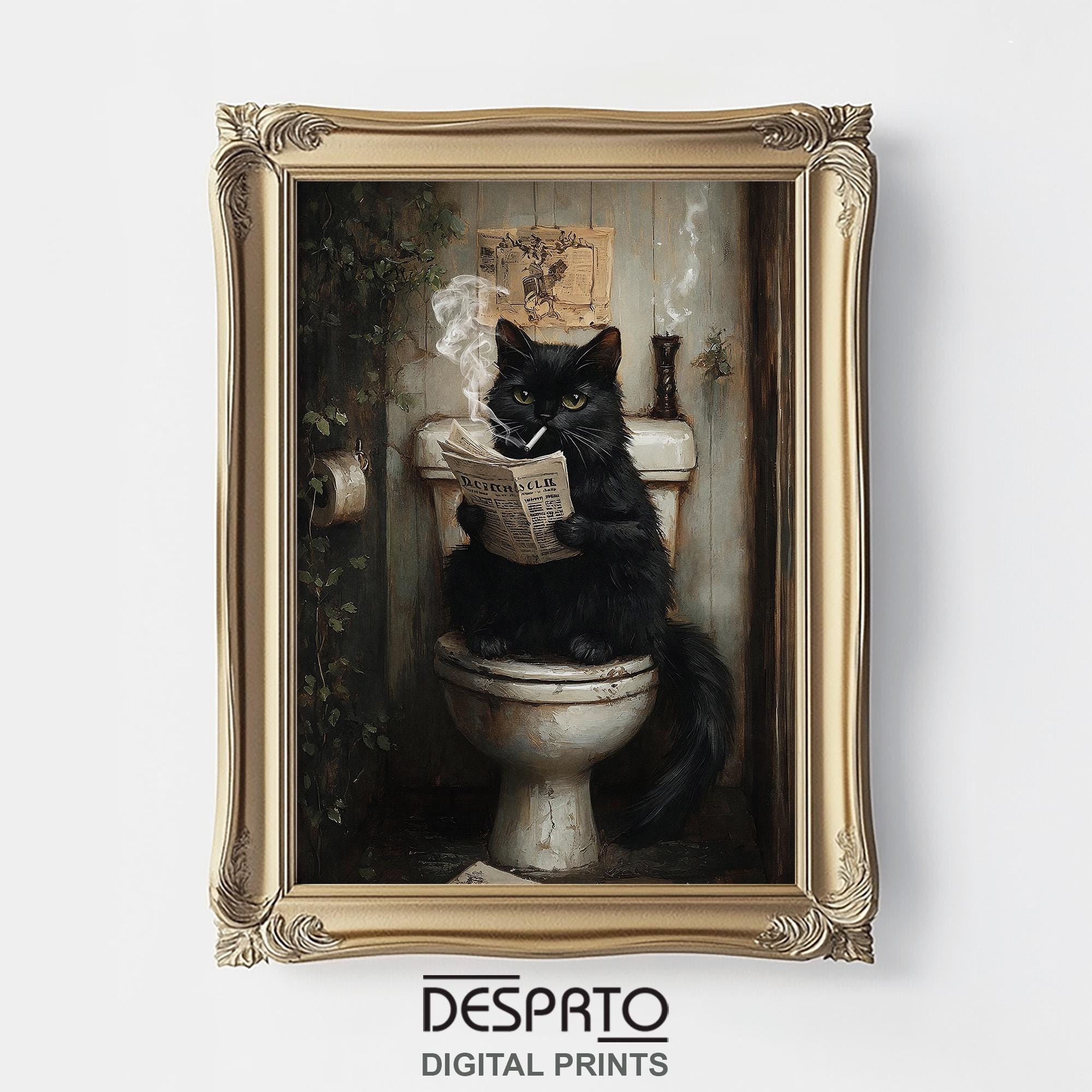 Smoking Black Cat Reading Newspaper on Toilet Print, Cat Dark Academia ...