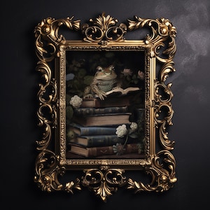 Stampa di libri vintage con fiori di rana, poster di libreria con strega rospo verde, stampabile di dark academia, decorazioni floreali cottagecore, pittura a olio gotica