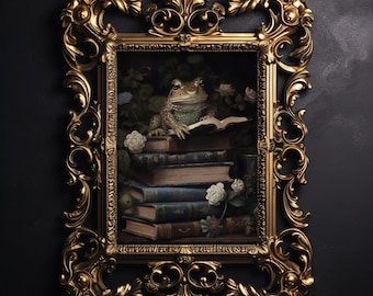 Vintage frog flower books print, green toad witch bookstore poster, dark academia printable, floral сottagecore decor, gothic oil painting