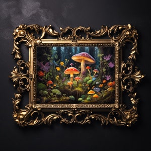 Setas de fantasía del bosque, impresión de pared de setas de musgo de mal humor, academia oscura floral, imprimible de Halloween, cartel vintage, pintura al óleo gótica