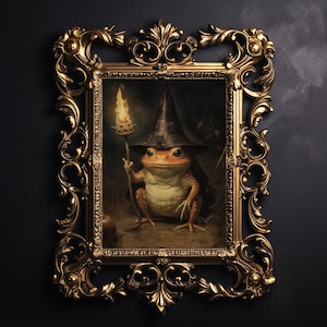 Halloween witch frog vintage painting, Halloween toad dark academia print, farmhouse decor, vintage poster, rustic printable, fall poster