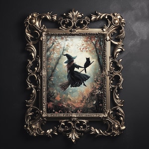 Hexe und schwarze Katze fliegen im Herbstwald Druck, Halloween dunkel Academia witchy Dekor, Vintage Plakat, Hexe druckbare witchy Herbstplakat
